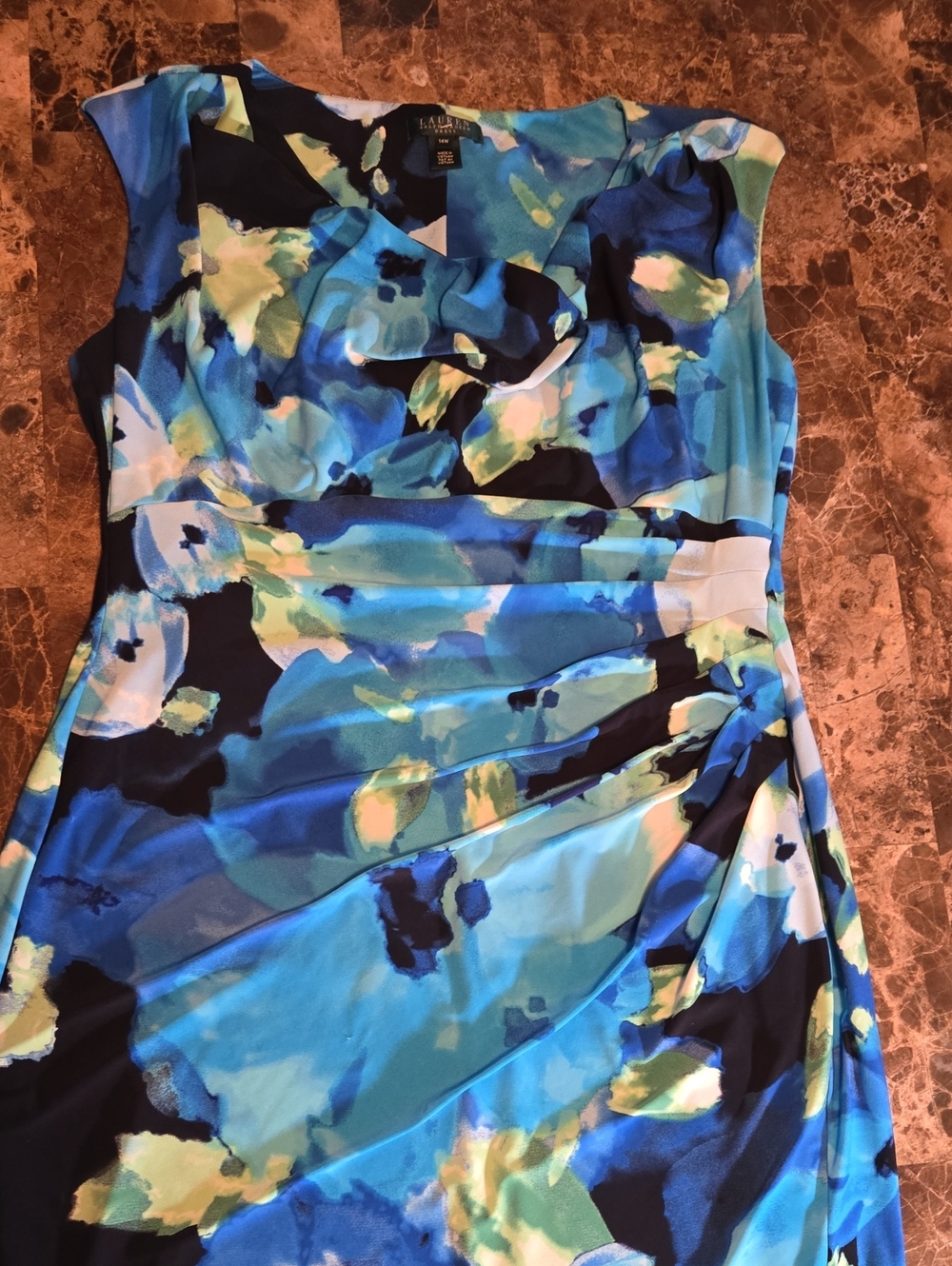 Ralph Lauren blue floral dress With Side Ruching Cowl Neckline Women's Size 14W